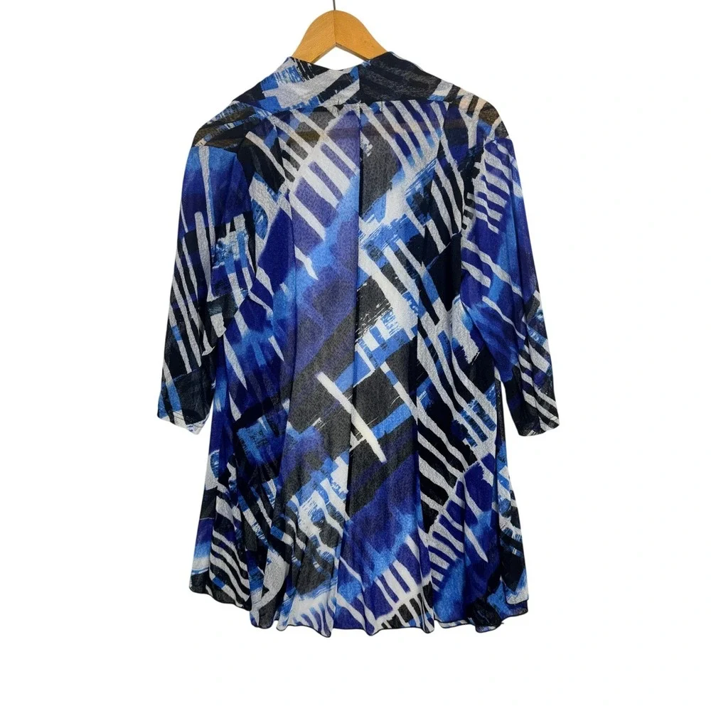 Creation‎ Women Blue Black Abstract Print Open Front Longline Cardigan Size M
